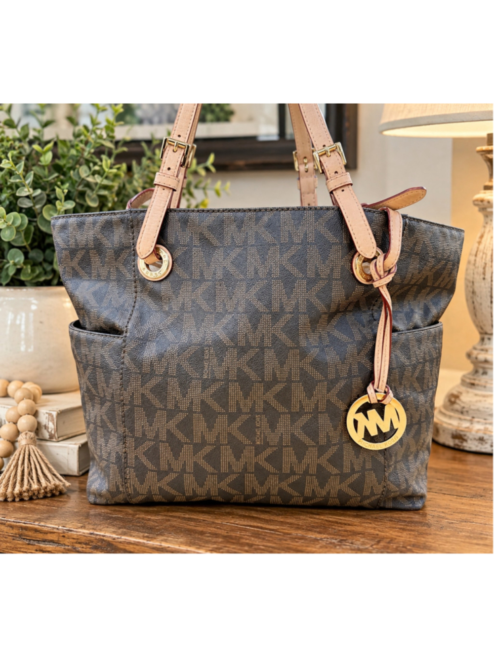 Women's Michael Kors Logo Tote Bag Brown Beige One Size